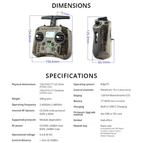 Pocket Hall Gimbal Transmitter Remote Control For RC Drones And Models with dimensions and specifications details