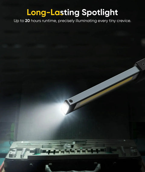 Rechargeable Magnetic Work Light With Hook 1200 Lumens Hands Free Mechanic Flashlight shining over toolbox.