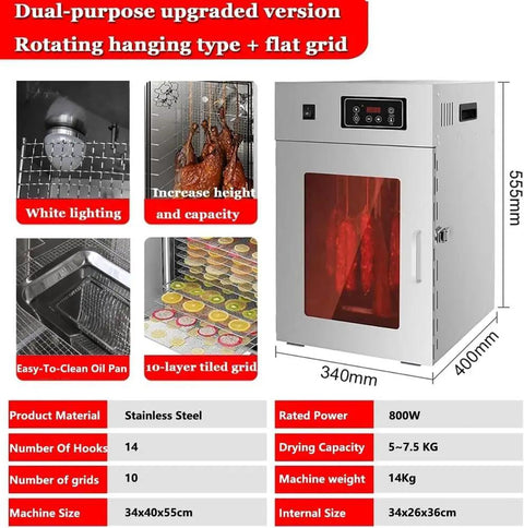 Top Notch Commercial Electric Food Dehydrator, Heavy Duty Stainless Meat Dryer With Precise Temp Dials For Tender Jerky And Crunchy Veggie Chips, Rotating Trays Make Even Drying A Breeze Everyday, stainless steel dual-purpose dehydrator with flat grid and hooks.