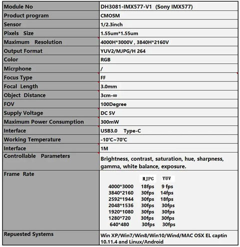 Technical specifications sheet for 4K 12MP IMX577 CMOS Camera Module With USB 3.0 FPC, showing resolution, lens, and interface details.