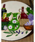 Hand Painted 13 Inch Lazy Susan With Wine And Fruit Design, Bamboo Turntable Serving Tray for Kitchen Table or Spices, showing vibrant grape and wine motif.