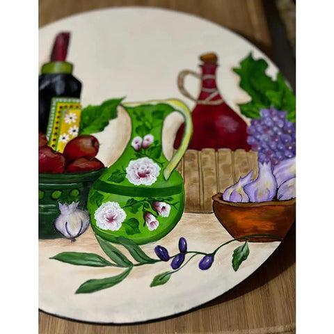 Hand Painted 13 Inch Lazy Susan With Wine And Fruit Design, Bamboo Turntable Serving Tray for Kitchen Table or Spices, showing vibrant grape and wine motif.