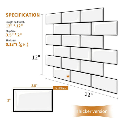 Diagram of Thick 3.3mm Peel And Stick Subway Backsplash Tiles 12x12 White With Black Grout, showing tile dimensions and thickness