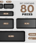 Six Size 80 Piece Tool Box Organizer Set Black Garage Storage Tray Dividers for Rolling Tool Chests and Workbenches Fits 100 Plus Tools Desk Drawer Organizer Small Parts, showing different tray sizes labeled XS, S, M, L, XL, XXL from top view.