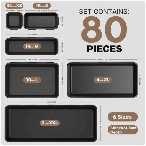 Six Size 80 Piece Tool Box Organizer Set Black Garage Storage Tray Dividers for Rolling Tool Chests and Workbenches Fits 100 Plus Tools Desk Drawer Organizer Small Parts, showing different tray sizes labeled XS, S, M, L, XL, XXL from top view.
