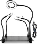 Four Arm Soldering Gear With 5X Magnifier And Light, PCB Holder And Third Hand Tool, Non Slip Steel Weighted Base For Pro Grade Precision Welding And Electronics Assembly on a white background.