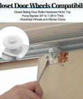 Sliding Closet Door Roller Kit With Floor Guide For Top Hung Wardrobe Doors Replacement Hardware Includes Track And Adjustable Guides Fits Three Quarters Of An Inch To One And Three Eighths Inches Doors shown installed on a closet.