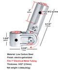 Diagram of Adjustable Angle Pipe Clamp Connectors For One Inch EMT, Four Pack With Bolts And Nuts, showing dimensions and features.
