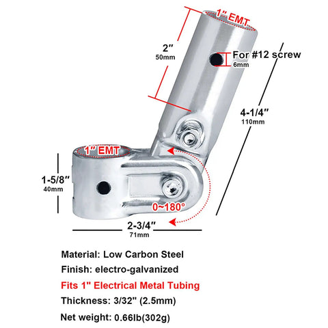 Diagram of Adjustable Angle Pipe Clamp Connectors For One Inch EMT, Four Pack With Bolts And Nuts, showing dimensions and features.