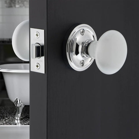 Old School Retro Vibe Classic Rosette White Porcelain Round Door Knob for Interior Doors on black door installation