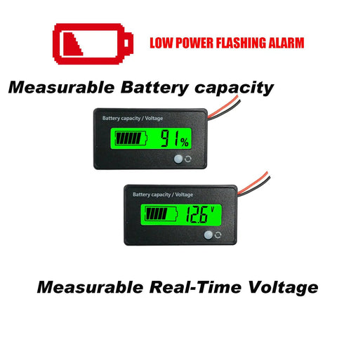 DC 12V 24V 36V 48V 72V Battery Meter And Capacity Voltage Monitor With 3 In 1 Function And Low Battery Alarm For Cars Boats RVs Trucks And Solar Setups Real Time Voltage And Capacity Readout, green LCD display