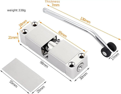 Automatic Door Closer No Brainer Self Closing for 180 Degree Openings, showing zinc alloy body and measurements.