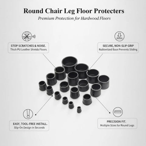 Slip On Round Chair Leg Floor Protectors For Hardwood Floors With Black PU Leather Cushioned Glide Pads displayed in various sizes