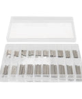 Watch Spring Bar Kit 300 Pieces 20 Sizes 8mm To 27mm Stainless Steel Pins in plastic storage box shown open with compartments.
