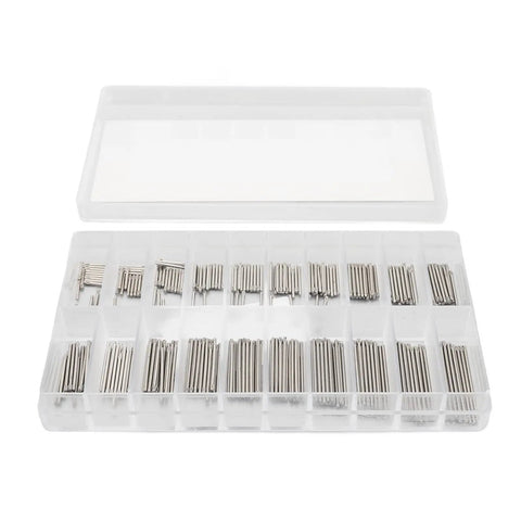 Watch Spring Bar Kit 300 Pieces 20 Sizes 8mm To 27mm Stainless Steel Pins in plastic storage box shown open with compartments.
