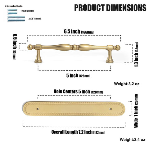 Dimensions and features of Champagne Bronze Cabinet Pulls With Backplates, 2 Pack, 5 Inch Center to Center, durable hardware.