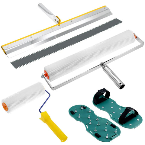 Self Leveling Cement Tool Kit With 9 Inch And 20 Inch Spike Rollers, Scraper, And Spiked Shoes For Cement, Mortar And Floor Leveling