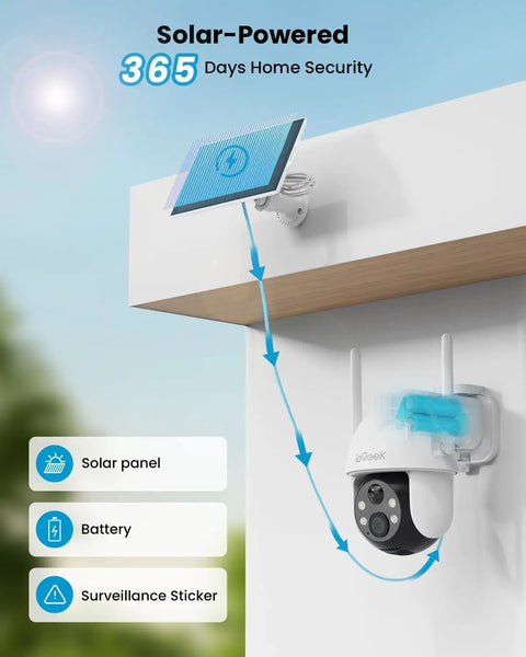 Wireless Outdoor Security Camera System With Solar Powered Battery 2K HD WiFi Surveillance Cam 360 PTZ Color Night Vision Motion Sensor