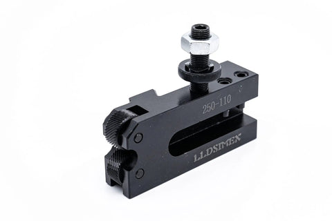 Side view of a 6 To 12 Inch Swing Piston Type Quick Change Tool Post For Lathe M14x1.5 Stud 100 AXA Series, black metal construction.