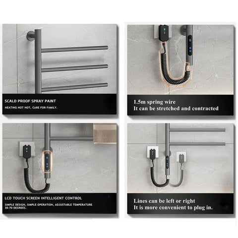 180 Degree Swivel Stainless Steel Towel Warmer Rack with One Hour to Twenty Four Hour Timer, showing wall-mounted LCD control.