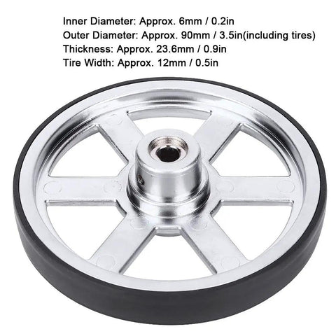 90mm diameter wheel from Two Pack Metal Robot Wheels With Neoprene Tire Tread For Replacement Built Tough For Grippy Traction