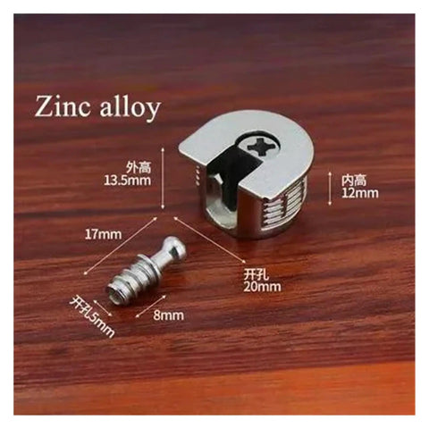 Heavy Duty Cam Lock Pins Set 40-Piece Concealed Cabinet Connectors, zinc alloy cam lock with measurements on wooden surface
