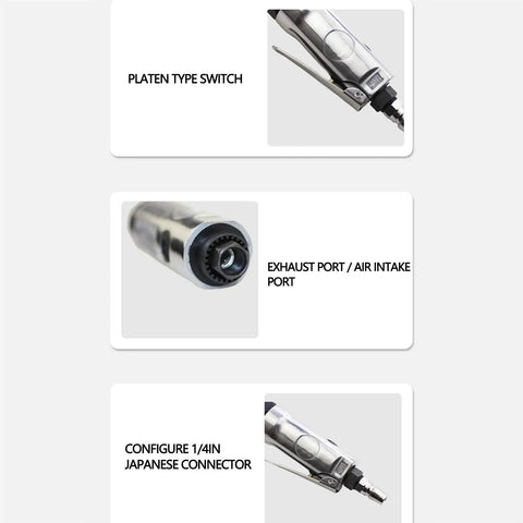 Close-up of Heavy Duty Air Impact Wrench And Right Angle Pneumatic Ratchet Crafted From Chrome Vanadium Steel showing platen switch and ports.