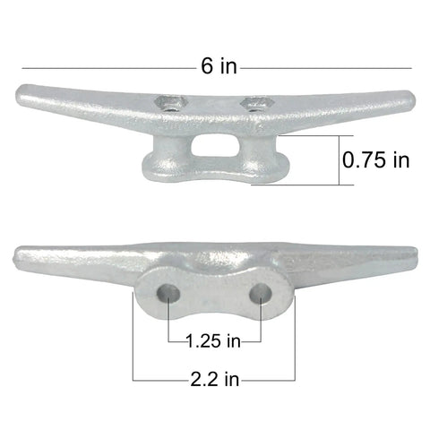 6 Inch Dock Cleats With Fasteners For Boats, Hot Dipped Galvanized Cast Iron Marine Cleats For Docks, size and dimensions shown