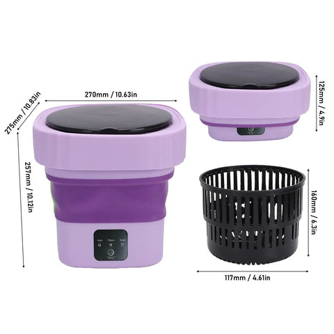 Slick Mini Folding Washing Machine 6 Liter Portable Unit dimensions showing 275mm height, 270mm width, and 257mm depth with collapsible body.