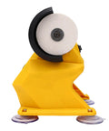 Jeffergarden Cordless Mini Bench Grinder With Dual 2.8 Inch Grinding Wheels and Four Suction Cups for Sanding Sharpening Polishing Featuring Powerful 5500 Rpm Motor And 150 Watts Of Raw Power Ideal for Quick Jobs on The Go, yellow design with white wheel visible.