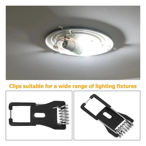 Tough As Nails Spring Clips For Ceiling Light Fixtures And Lamp Mounting Hardware with secure retaining clamp shown mounted.