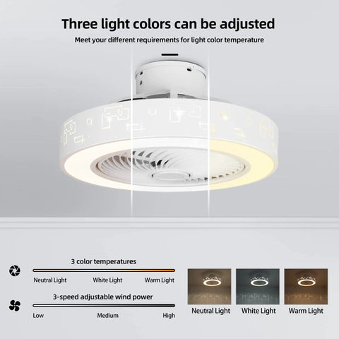2 In 1 Ceiling Fan With Lights And Remote, 20 Inch No Sweat Low Profile Enclosed Modern Ceiling Fan for Small Rooms, lighting color options displayed
