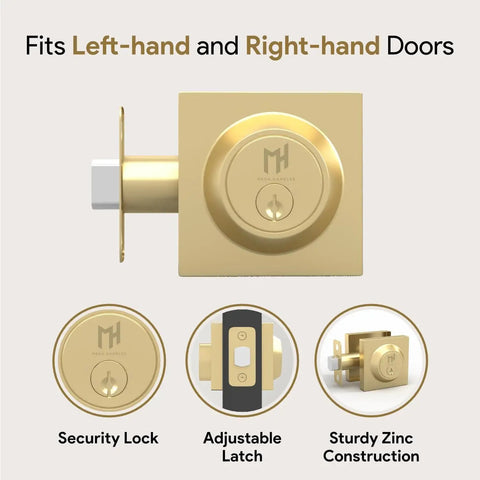 Heavy Duty Deadbolt Lock For Front Door, Satin Brass Square Locking Bolt, Fits Left Or Right Handed Doors, Interior Or Exterior Use