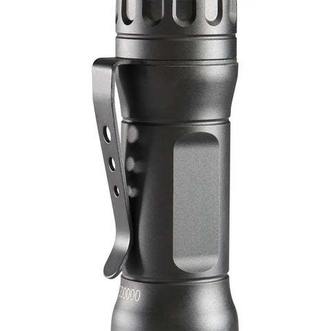 Close-up of Beast Mode Ready Heavy Duty Rechargeable Tactical Flashlight With USB Battery Aluminum Anodized Body's side clip