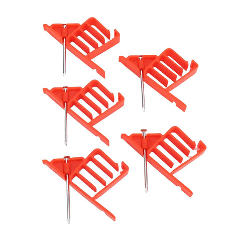 Heavy Duty Plastic Cable Stackers With Nails, 25 Pack Wire Fasteners For Organizing Multiple Cords Around Home Office Or Garage, Keeps Wires Tangle Free And Neat With Spacious Design featuring red plastic stackers and stainless steel nails.