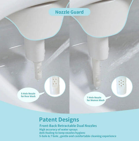 Close-up of dual nozzles on hot and cold water bidet attachment for toilet, showing 5-hole rear wash and 7-hole feminine wash design.