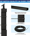 Heavy Duty Four Pack Deck Cable Railing Kit With 164 Foot Stainless Wire Rope Invisible Connectors Complete Hardware Dead Simple Assembly Built Tough Pro Level Railings showing steel posts and cable components.