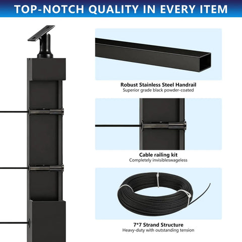 Heavy Duty Four Pack Deck Cable Railing Kit With 164 Foot Stainless Wire Rope Invisible Connectors Complete Hardware Dead Simple Assembly Built Tough Pro Level Railings showing steel posts and cable components.