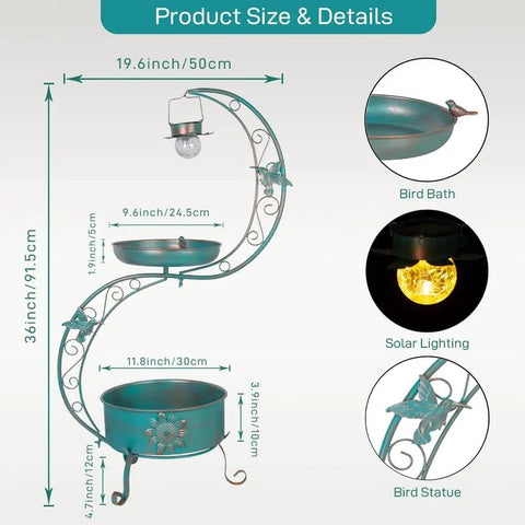 Bird Bath With Flower Planter Base And Solar Lighting Pedestal For Outdoors, 36 Inch Outdoor Bird Bath details diagram