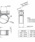 Diagram of adjustable screw clamp showing dimensions for Fuel Line Hose Clamp Set 30 Piece Everyday Heavy Duty Multi Size Assortment Zinc Plated Steel.