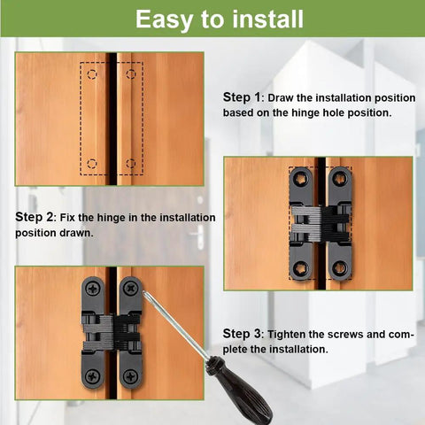 Illustration demonstrating installation steps for 8 Pack Professional Grade Rock Solid Invisible Hidden Door Hinges With 180 Degree Full Swing For Secret Door And Concealed Cabinet Setup Featuring Smooth Operation.