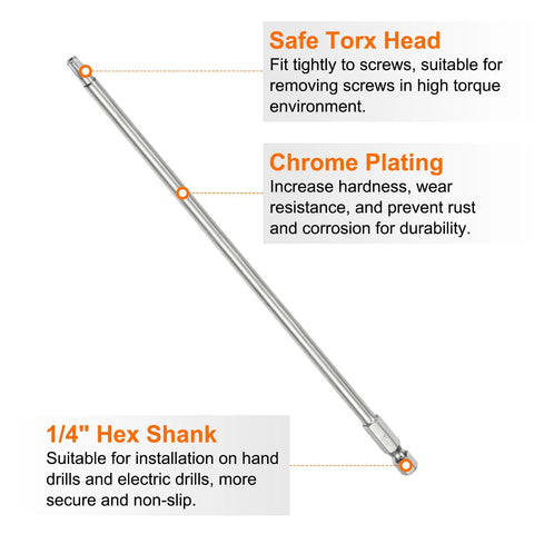 Pro Grade T25 Security Torx Bits With Quarter Inch Hex Shank And Eight Inch Length forged from S2 steel with chrome plating for drill use.