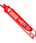 Close-up of a 6-inch carbide tipped reciprocating blade, suitable for cutting thick metal pipes, part of a 3-pack.