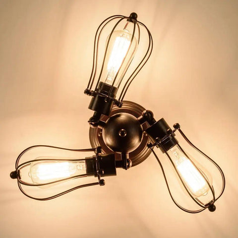 Vintage Industrial Ceiling Light With Metal Wire Cage Shade, adjustable socket, semi flush mount rustic lamp fixture, 3 light chandelier