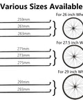 Diagram showing various sizes for Stainless Steel Bike Spokes, includes lengths for 26, 27.5, and 29-inch wheels.
