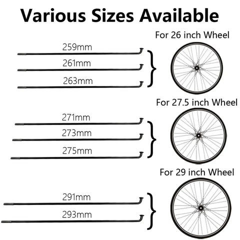 Diagram showing various sizes for Stainless Steel Bike Spokes, includes lengths for 26, 27.5, and 29-inch wheels.