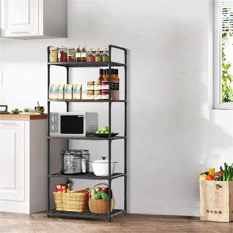 Five Tier Storage Rack For Kitchen And Laundry Room Height Adjustable Microwave Cart Rock Solid Steel Frame with jars and a microwave.