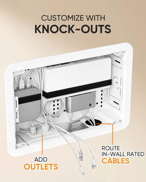 Stress Free Install Recessed Tv Media Box Featuring Wifi Friendly Cable Routing with cables and ports shown inside.