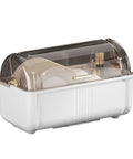 Sleek White Plate Drying Rack And Smart Kitchen Organizer Built With Hella Sturdy Pp Pet Material Offering Massive Counter Storage That Acts As A True Lifestyle Game Changer, showcasing dishes drying under a transparent cover.