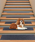 Grippy Anti Slip Stair Treads Indoor Carpet 8 By 30 Inches 15 Pack for Wooden Steps with dog on gray runner mat